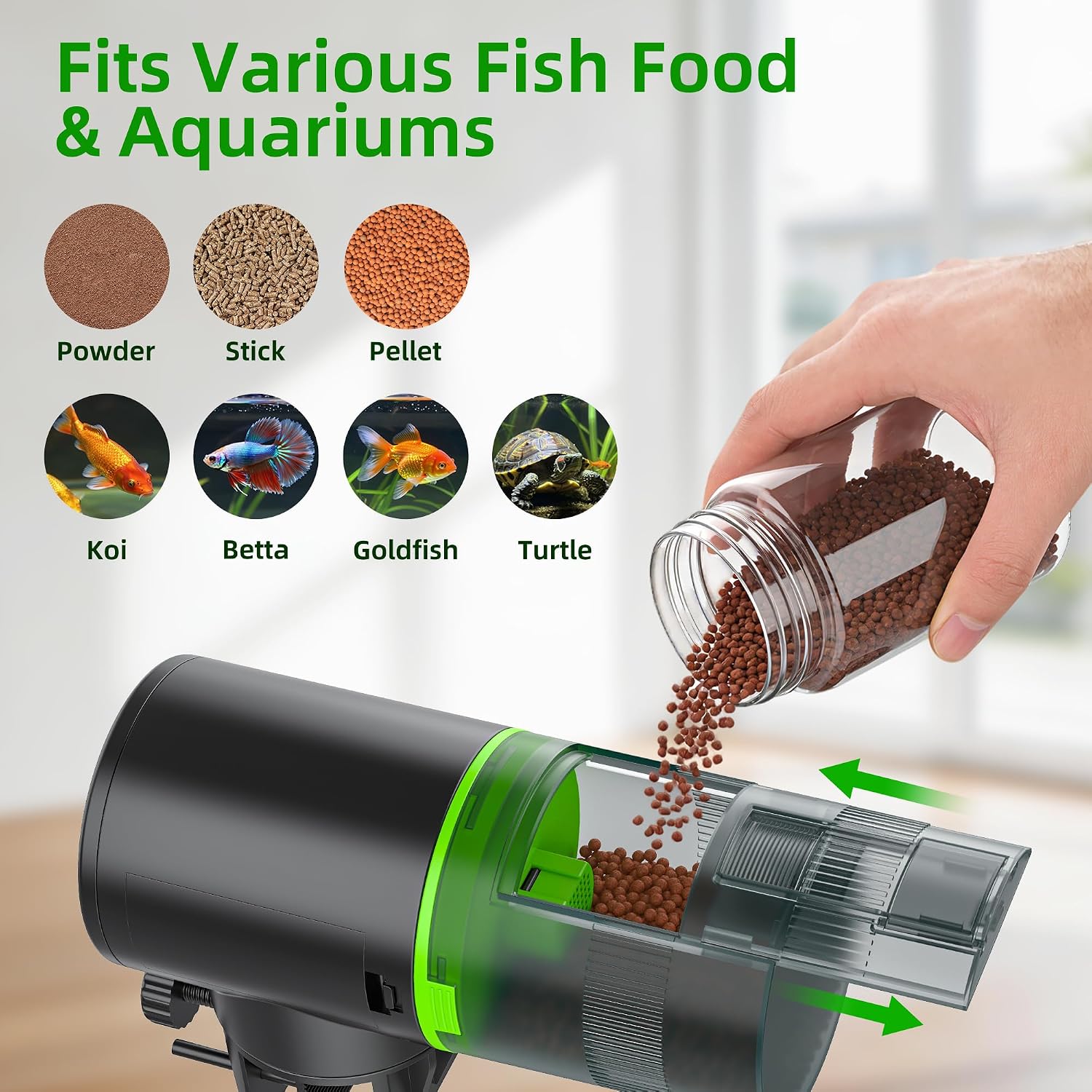 Electric adjustable auto fish food dispenser attached to a rimless tank wall.