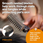 Fiskars pet dematting rake used on thick dog fur