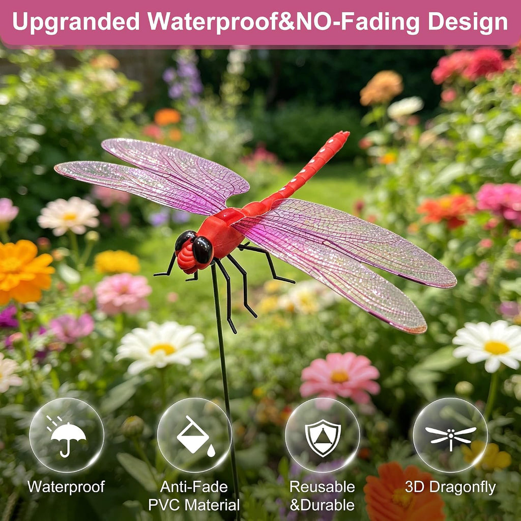 Fluencara three dimensional faux dragonfly garden decoration attached to a plant stem outdoor