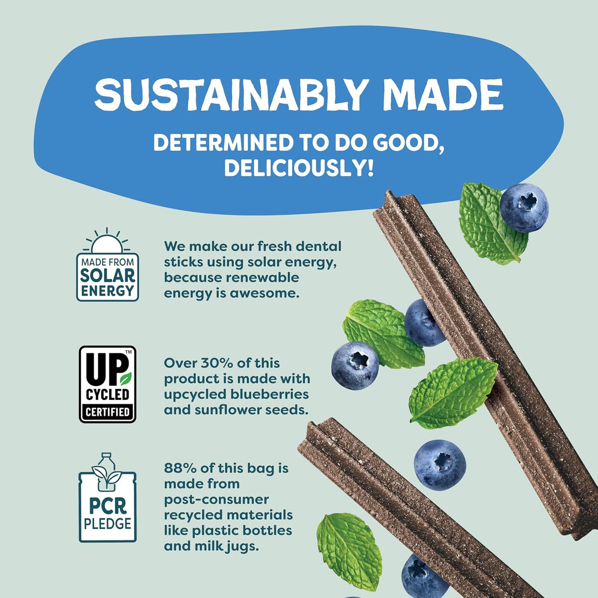 Upcycled blueberry and mint ingredients graphic on pet treat bag