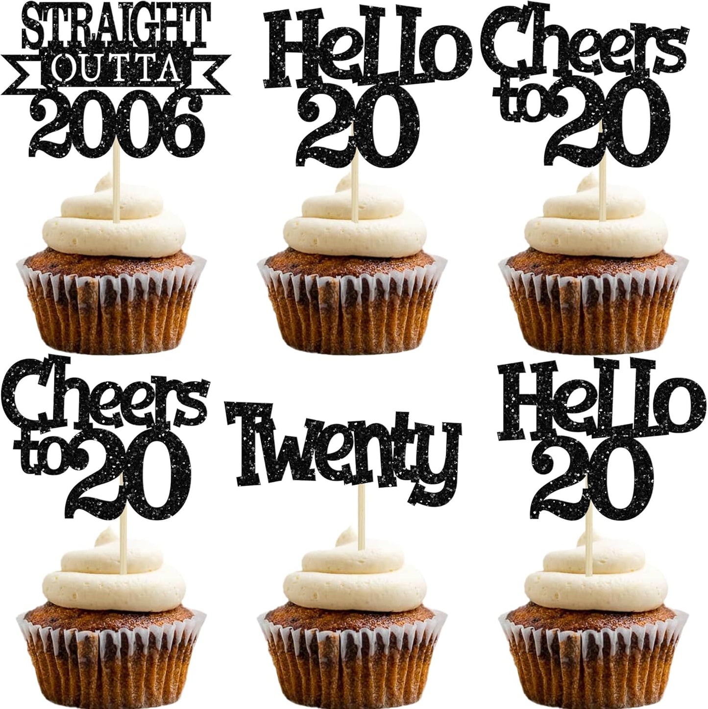 Ephlyn 24 Piece Happy 20th Birthday Cupcake Toppers front view showcasing black glitter design.