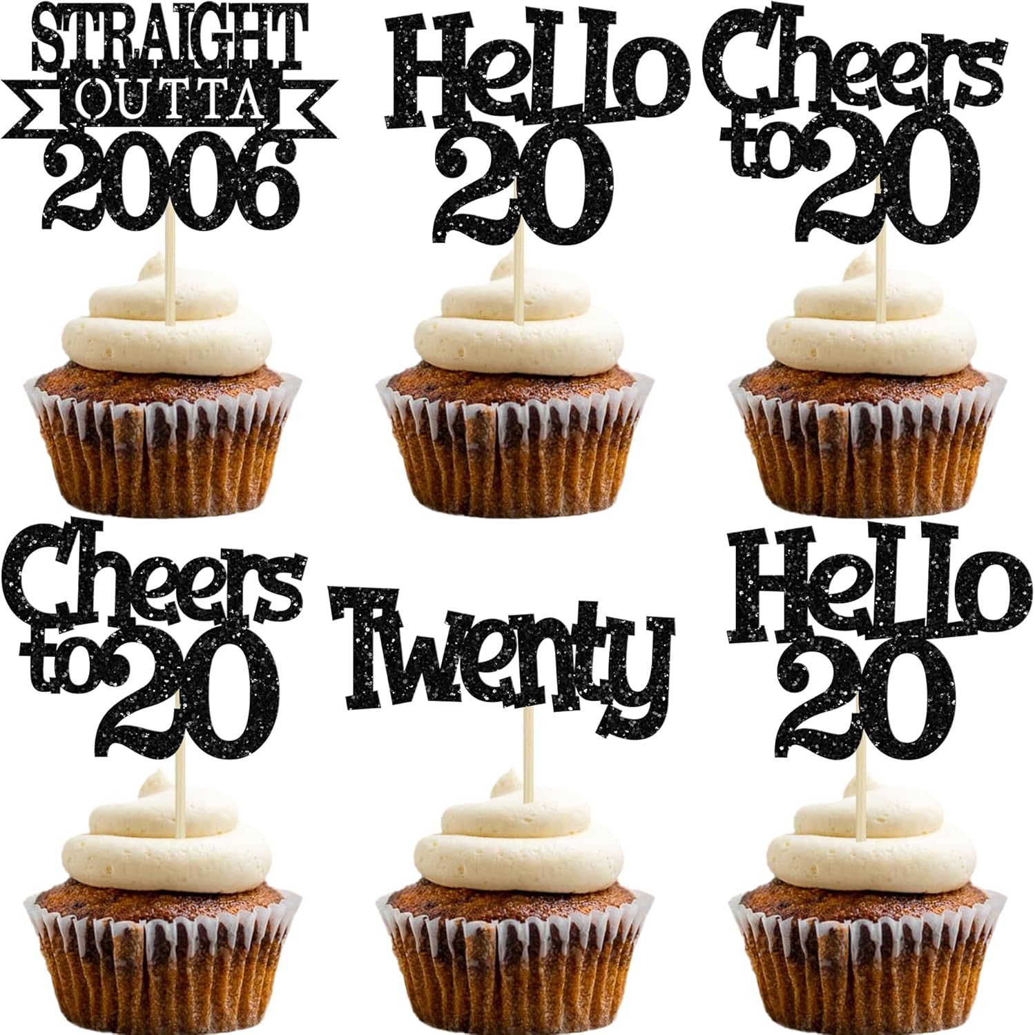 Ephlyn 24 Piece Happy 20th Birthday Cupcake Toppers front view showcasing black glitter design.