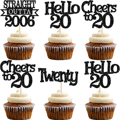 Ephlyn 24 Piece Happy 20th Birthday Cupcake Toppers front view showcasing black glitter design.