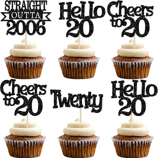Ephlyn 24 Piece Happy 20th Birthday Cupcake Toppers front view showcasing black glitter design.