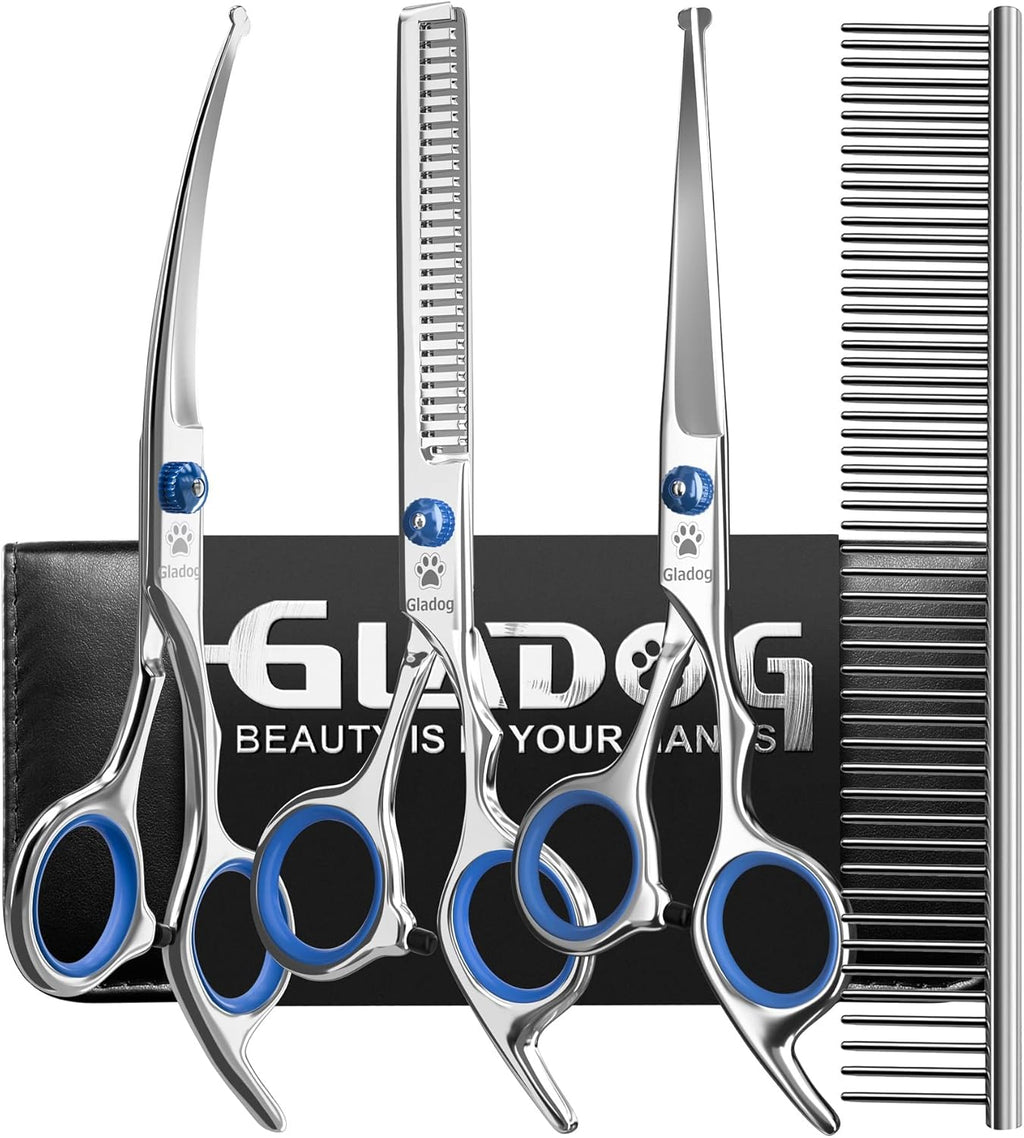 Ergonomic handles of pet grooming scissors showing the quiet rubber bumper design.