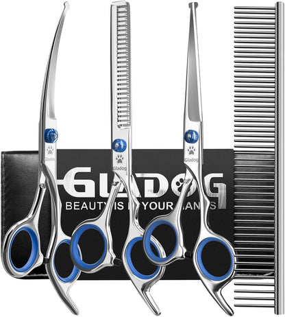 Ergonomic handles of pet grooming scissors showing the quiet rubber bumper design.