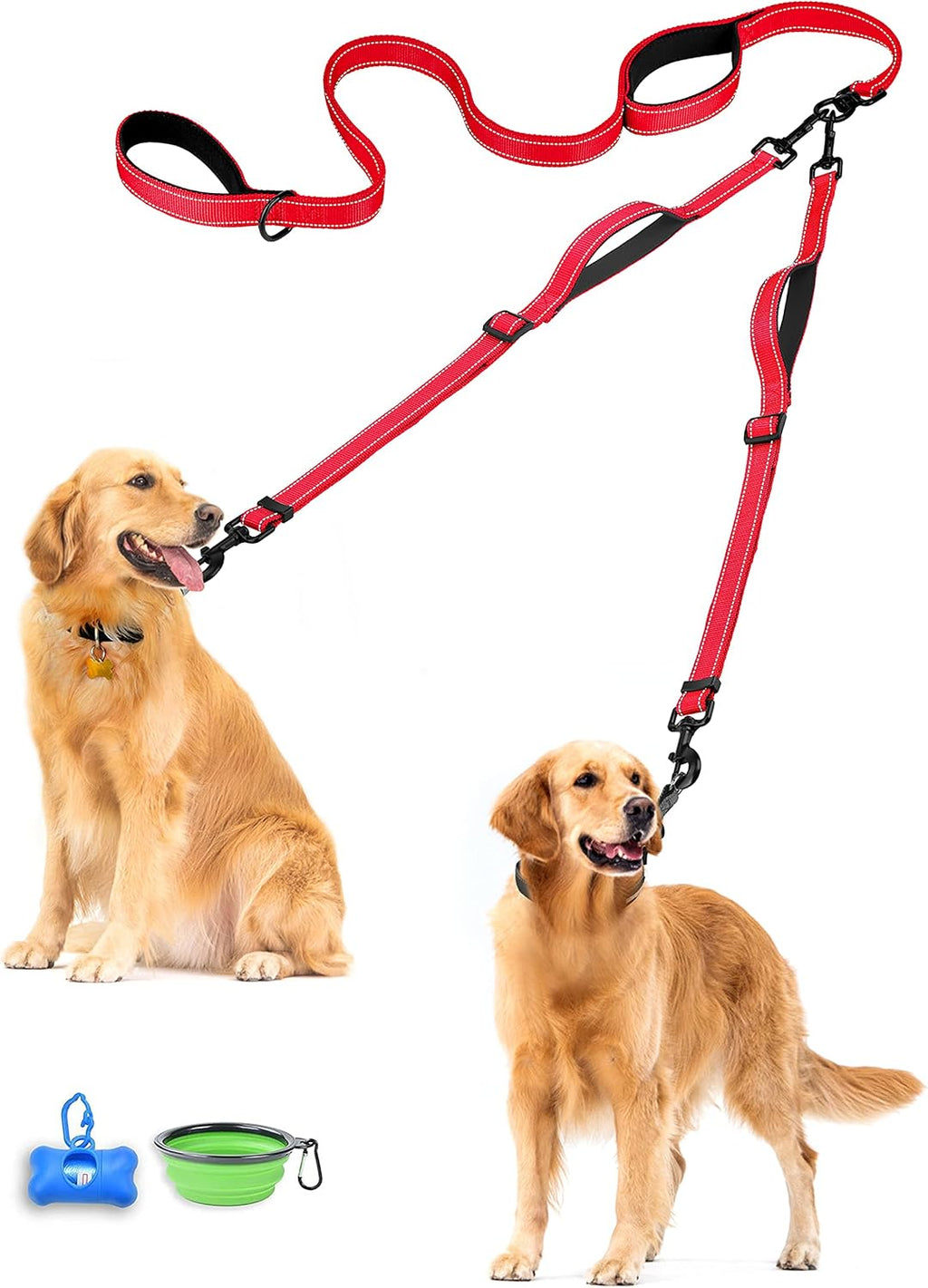 PetBonus Double Dog Leash, No Tangle Dual Leash, Reflective Walking Training Lead, 4 Comfortable Padded Handles for 2 Dogs with Collapsible Bowl and Waste Bags (Black, Large) - Image 14