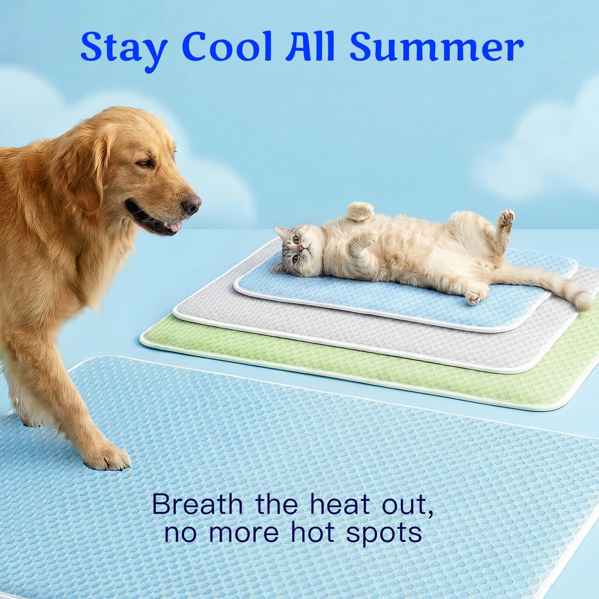 Golden Retriever relaxing on a light blue Mora Pets summer cool mat.