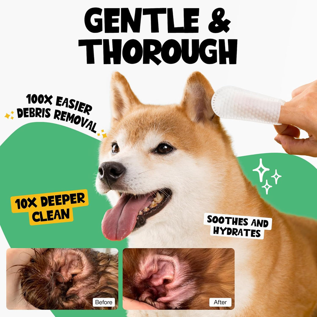 Close up of Roofus The Dog finger wipes for pet ear cleaning