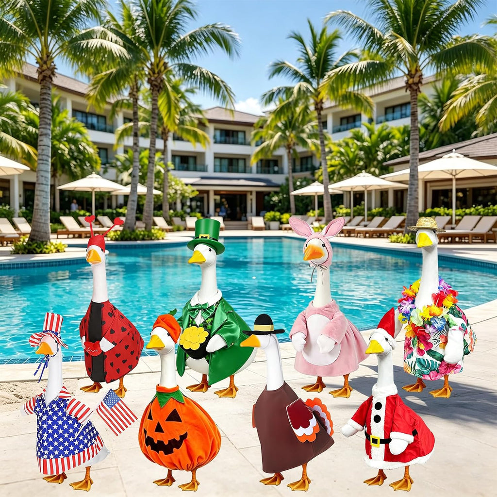Kedaijin outdoor porch goose outfits showing adjustable elastic straps on the festive hats