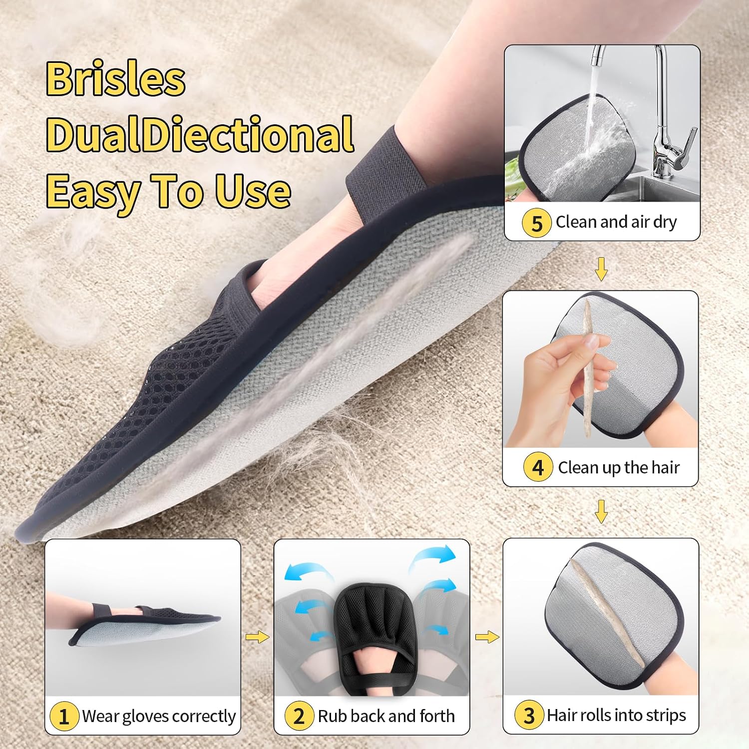 Reusable electrostatic five finger pet hair glove detail view