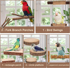 7-Piece Bird Perches for Cage- Wooden Parrot Stand with Fork Toys, Hanging Multi-Branch Platform, Hammock Swing, Gym Playstand & Chewing Toys - for Parakeets, Budgies, Lovebirds - Durable - Image 7
