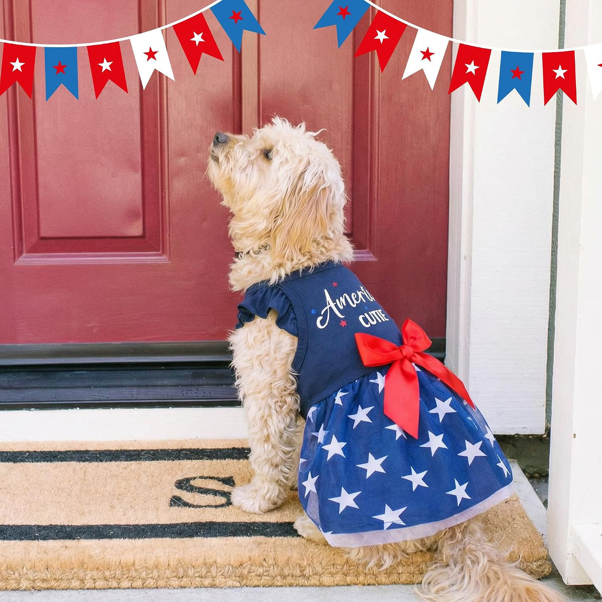 Patriotic girl dog outfit with ruffle sleeves on small pet