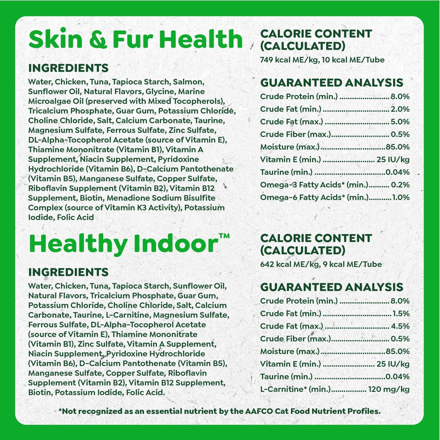Nutritional information panel on the back of the Greenies treat box.