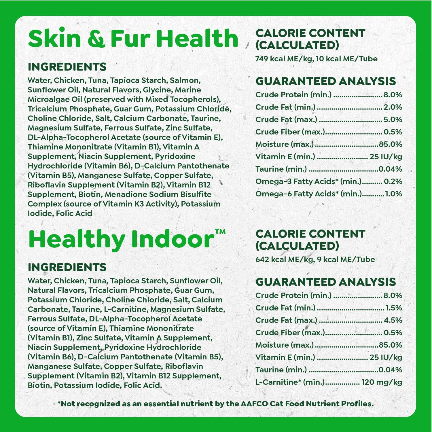 Nutritional information panel on the back of the Greenies treat box.