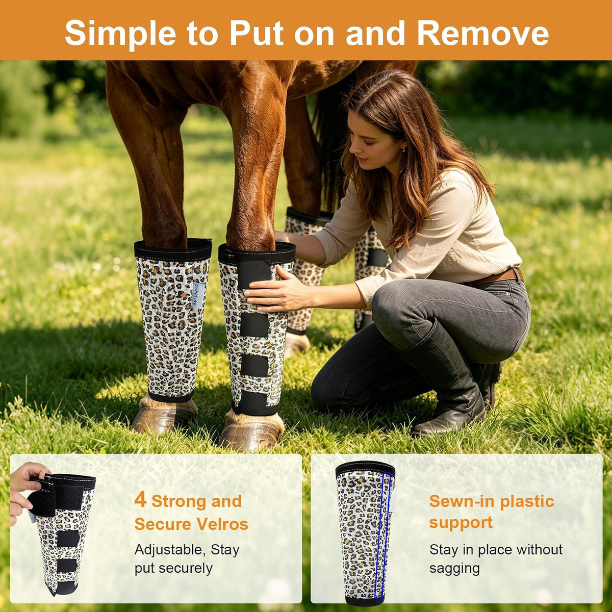 OAHELAKE loose fitting horse fly leggings showing adjustable hook and loop fasteners