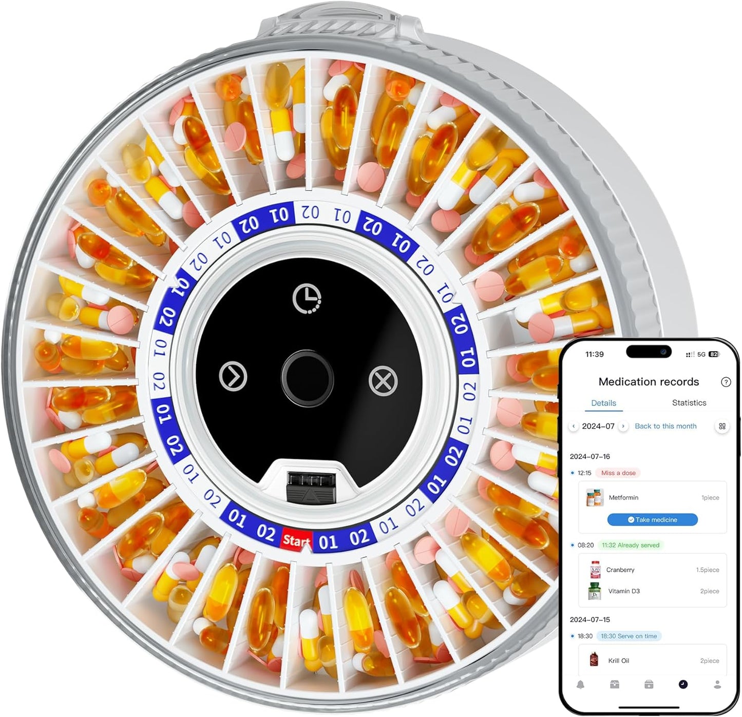 Colorwing 2025 smart pill dispenser front view showing circular thirty one slot automatic medication tray layout.
