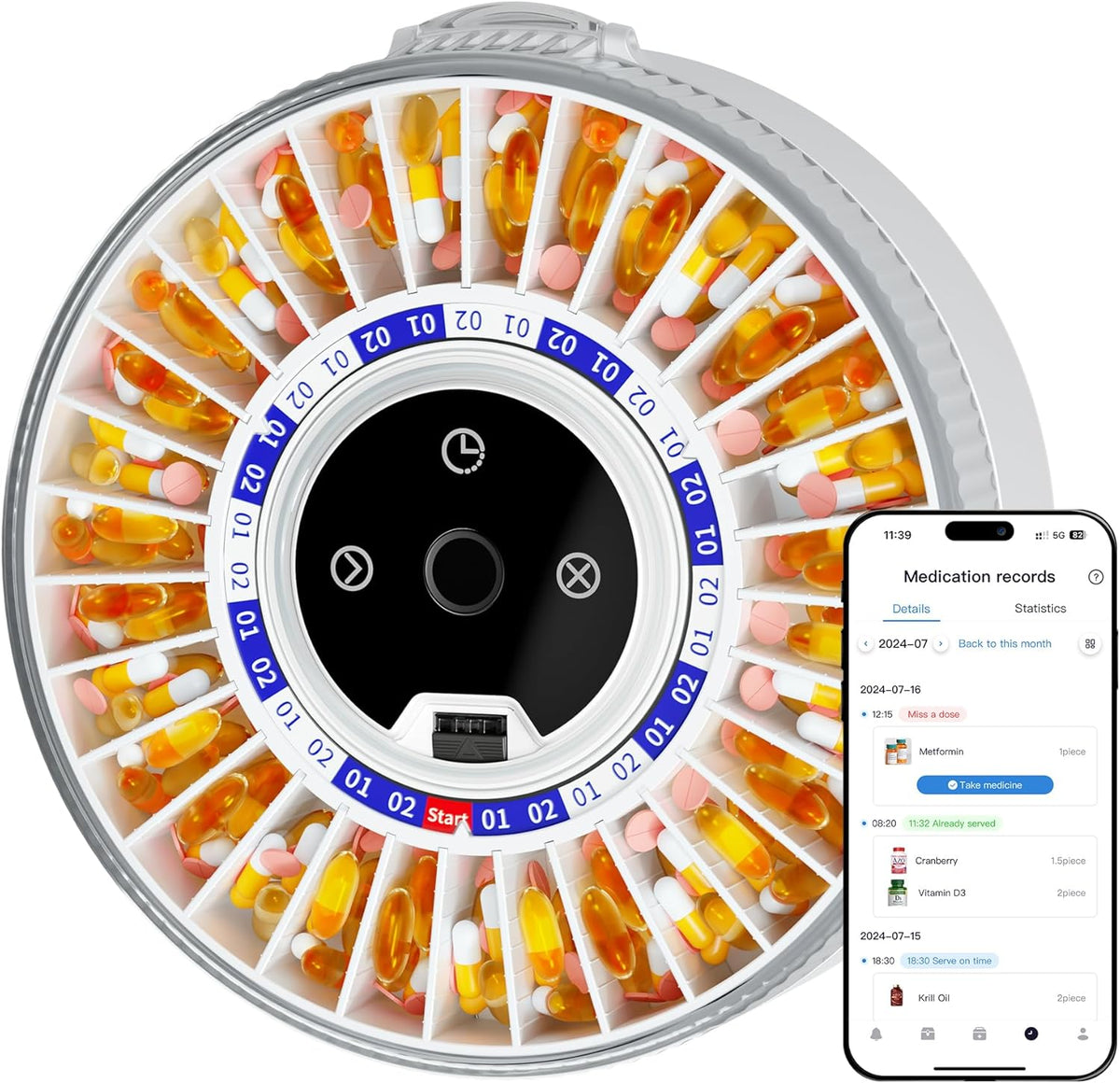 Colorwing 2025 smart pill dispenser front view showing circular thirty one slot automatic medication tray layout.