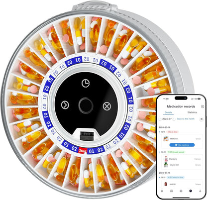 Colorwing 2025 smart pill dispenser front view showing circular thirty one slot automatic medication tray layout.
