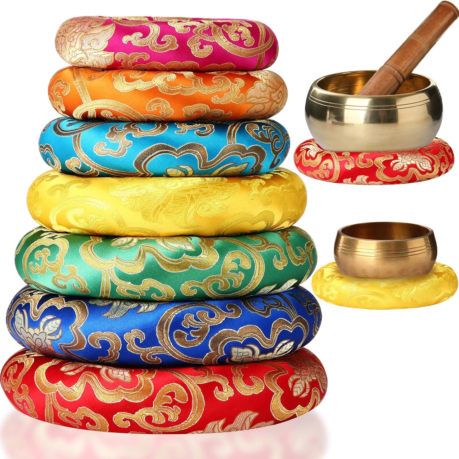 Barydat silk singing bowl cushion set front view showing seven multicolor embroidered O-ring pillows