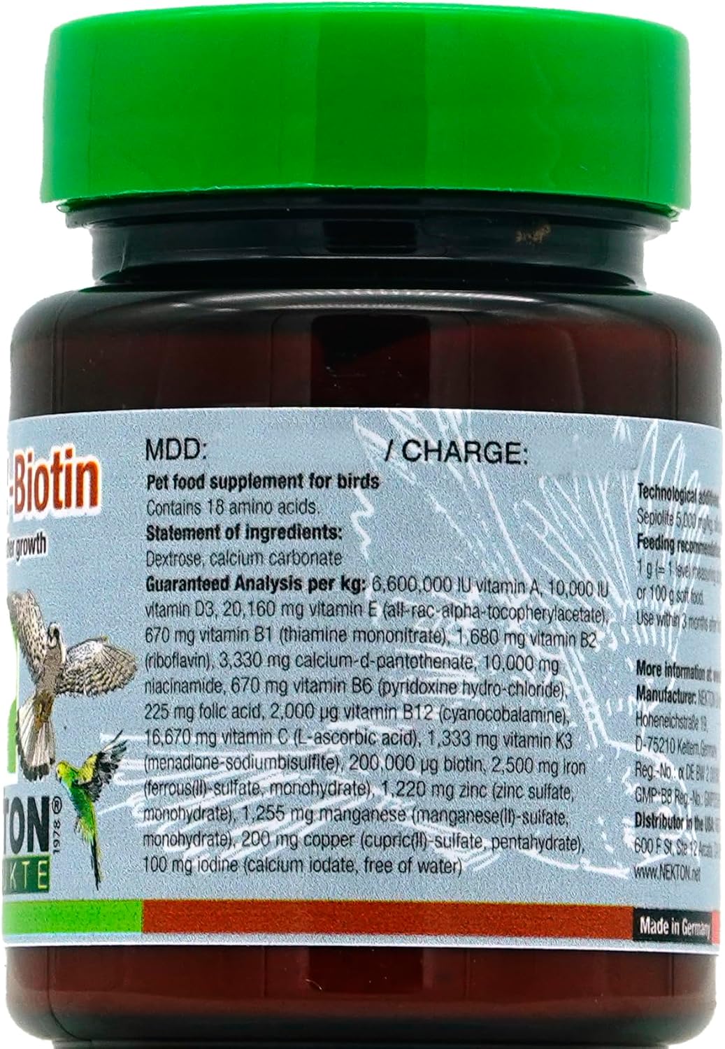 Nekton Biotin bird supplement jar with built-in measuring scoop