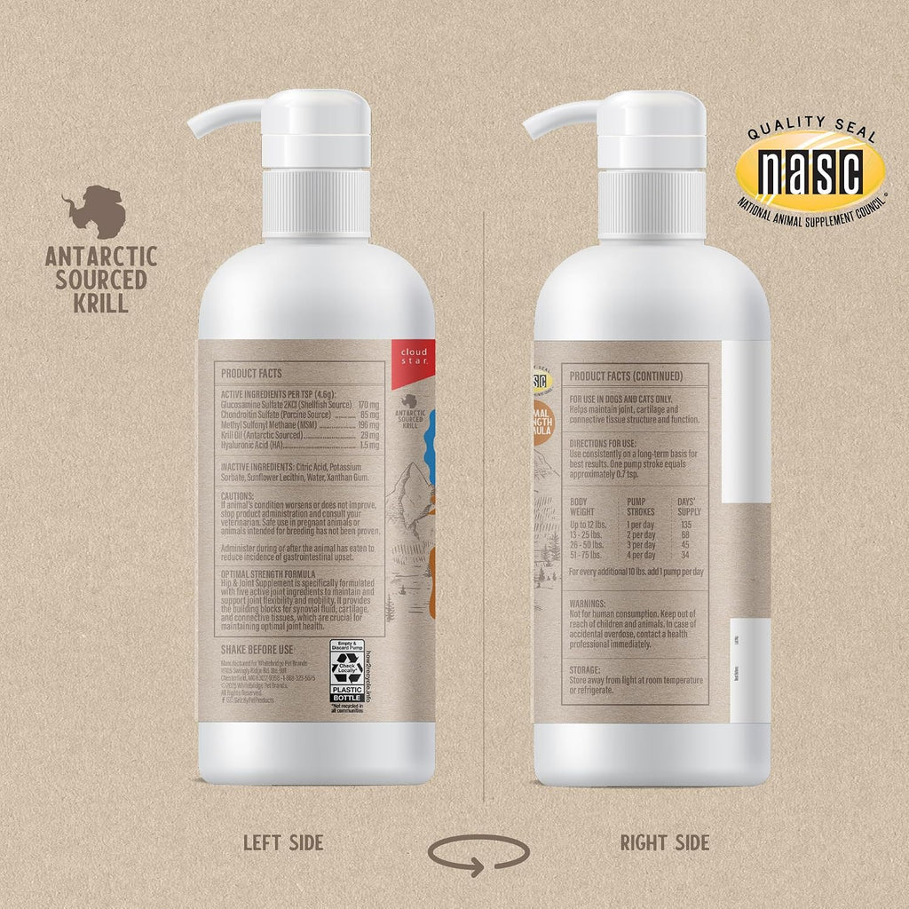 Grizzly Pet Products hip and joint supplement liquid for dogs and cats back label instructions