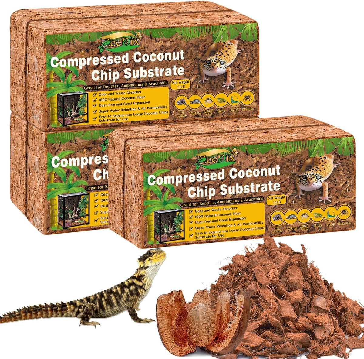 ZeeDix 10LBS Coconut Husk Chip Substrate for Reptiles, 72QT Compressed Organic Coco Coir Chips for Snake Habitat, Reptile Bedding for Ball Python, Tortoises, Geckos, Lizards Terrarium Tanks - Image 9