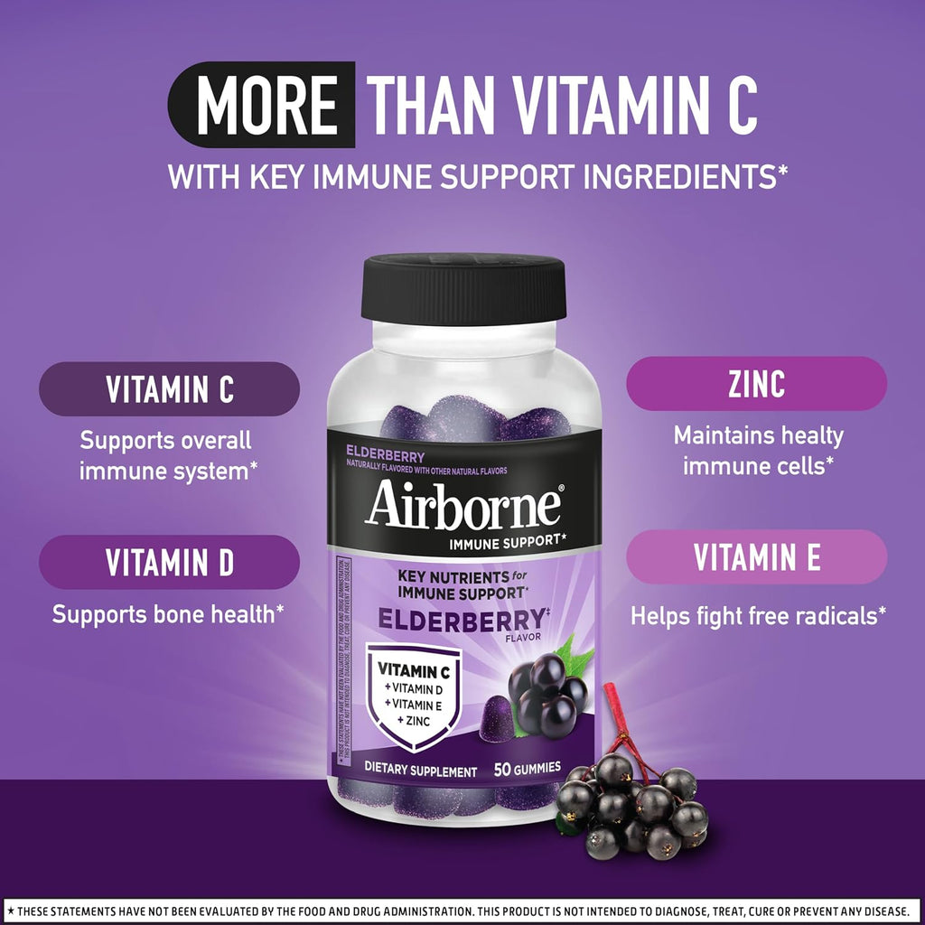 Airborne Elderberry + Zinc & Vitamin C Gummies For Adults, Immune Support Vitamin D & Zinc Gummies With Powerful Antioxidant Vitamins C D & E - 50 Gummies, Elderberry Flavor - Image 3