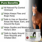 Pure Sole fly control ointment jar open showcasing the thick natural beeswax and essential oil texture
