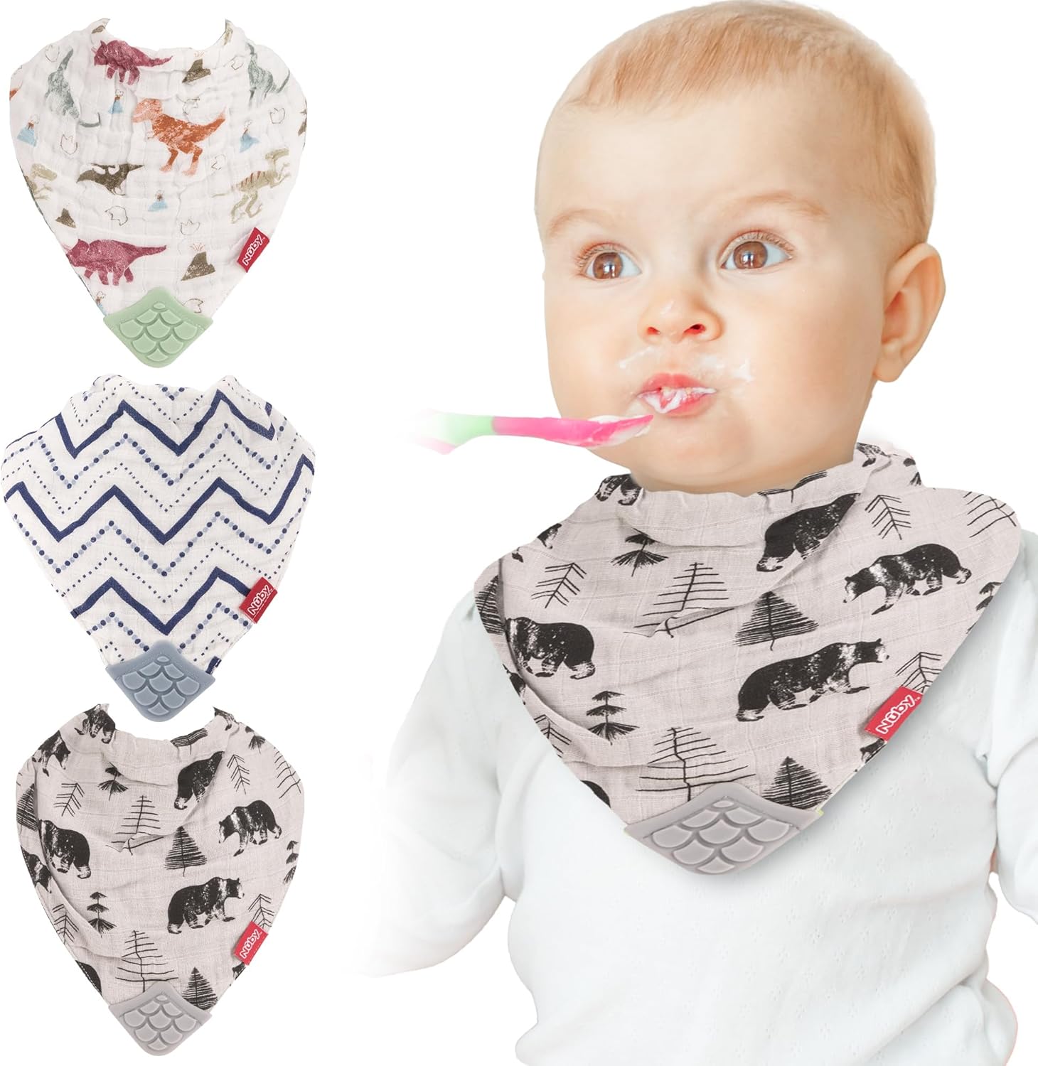 Nuby 3 piece muslin teething bib set front view for babies