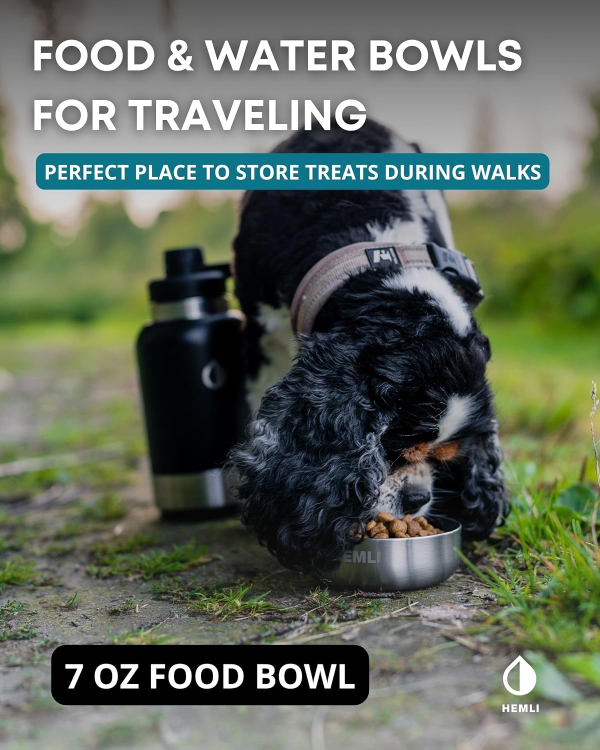 Hemli dog travel kit showing the side mesh pocket filled with pet waste bags.
