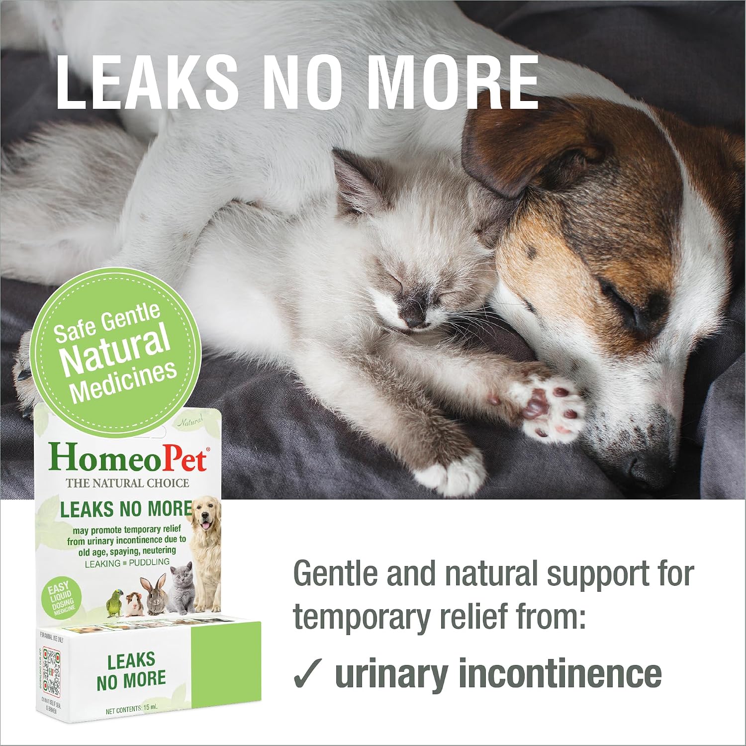 HomeoPet natural homeopathic liquid supplement packaging showing dosage instructions for dogs and cats