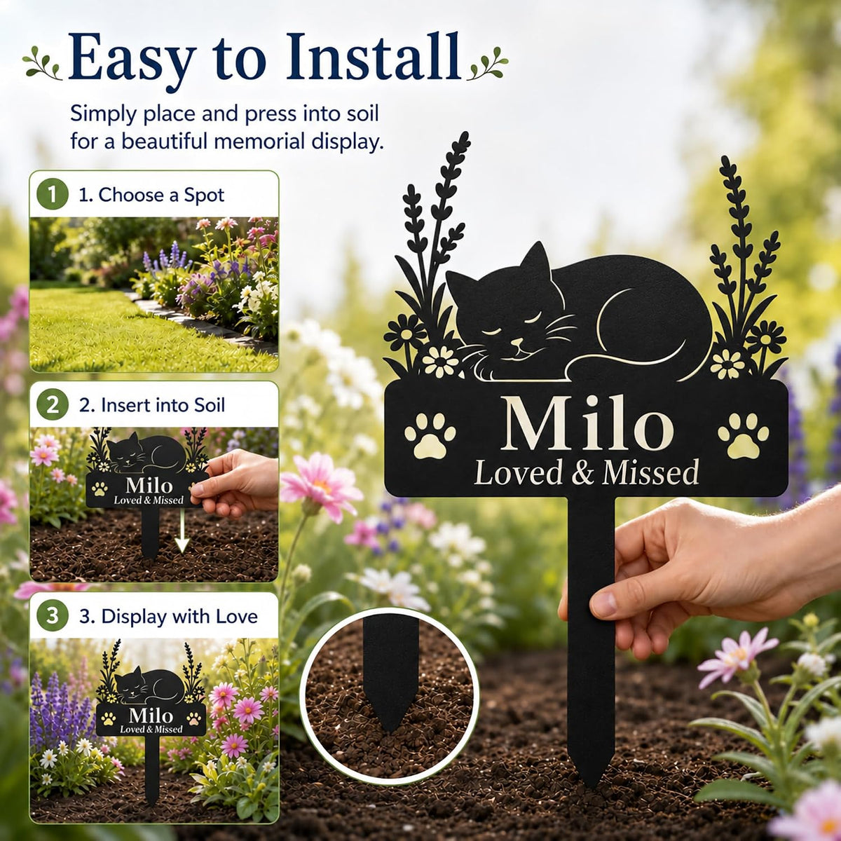 Personalized Cat Memorial Garden Stake, Custom Metal Cat Grave Marker with Name and Message, Cat Loss Sympathy Gift for Yard Garden Cemetery (Sleeping Cat) - Image 6