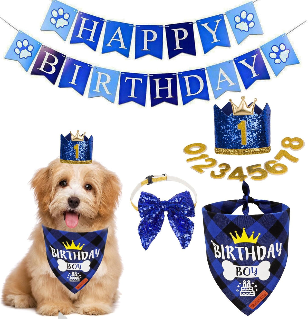 ADOGGYGO Dog Birthday Bandana Scarf and Blue Boy Pet Birthday Party Hat with Cute Bow Tie for Medium Large Dog Pet (Large) - Image 9