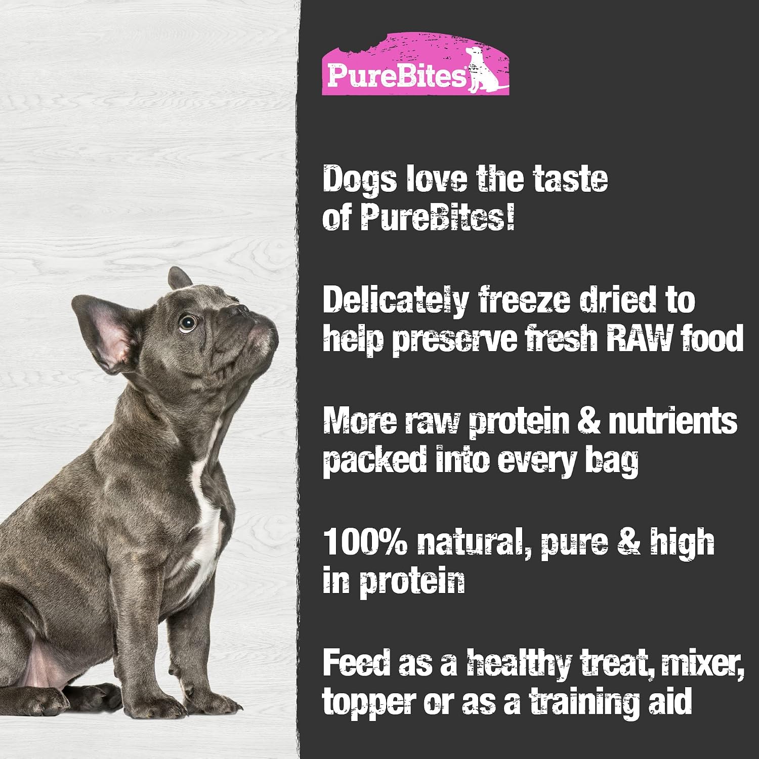 PureBites USA sourced salmon dog snack bag showcasing product size and treat count