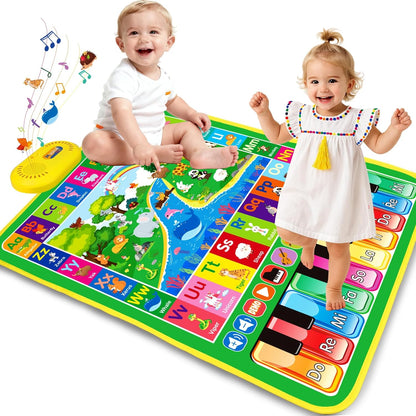 Hapyland 3 in 1 alphabet animal piano music play mat front view showing colorful cartoon animal illustrations