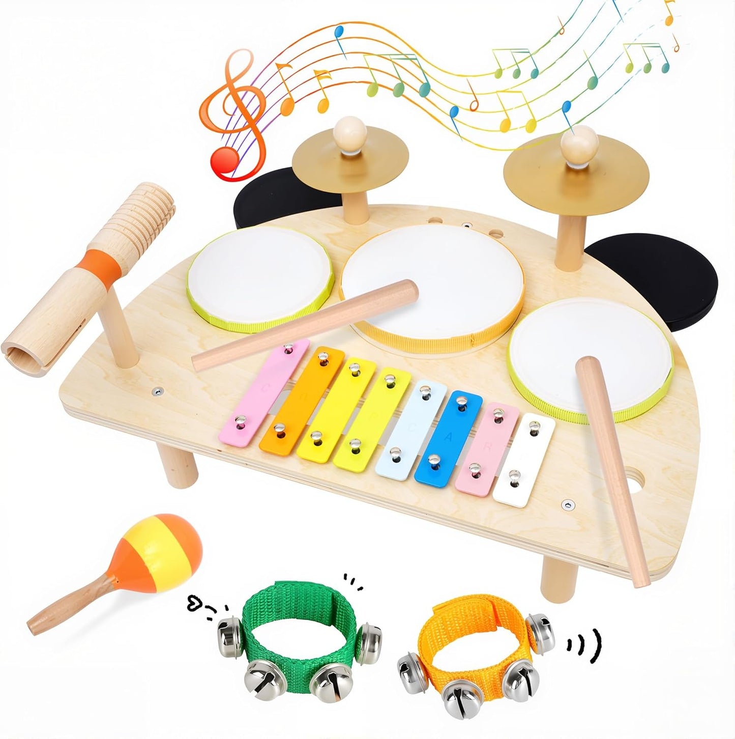 MAXZONE Kids Wooden Montessori Musical Instruments Drum Set front view showing xylophone and drums.