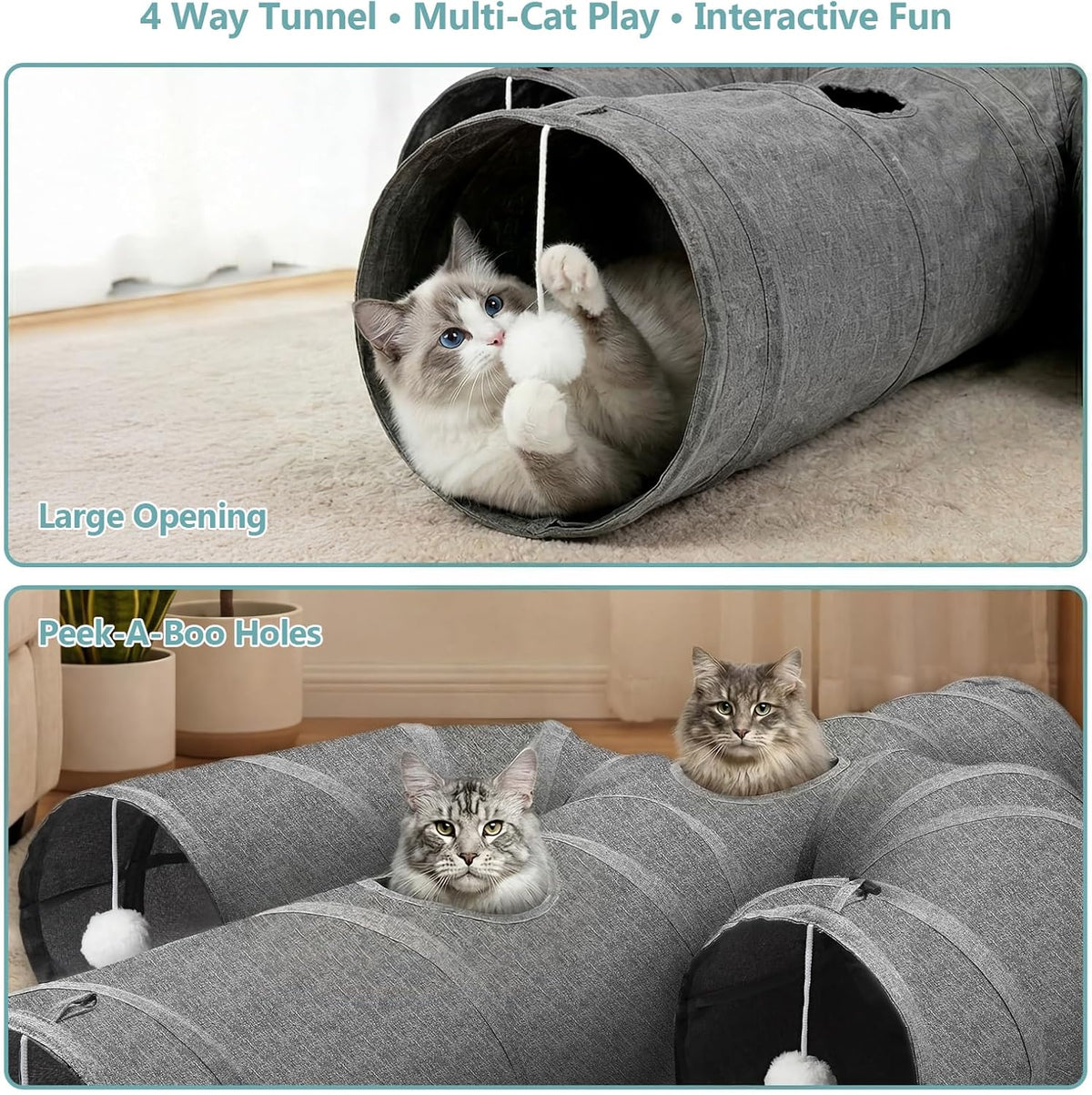 Collapsible pet tunnel toy folded down flat for compact space saving storage