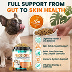 Carmelie dog probiotics container showing supplement facts for itchy skin and allergy relief.