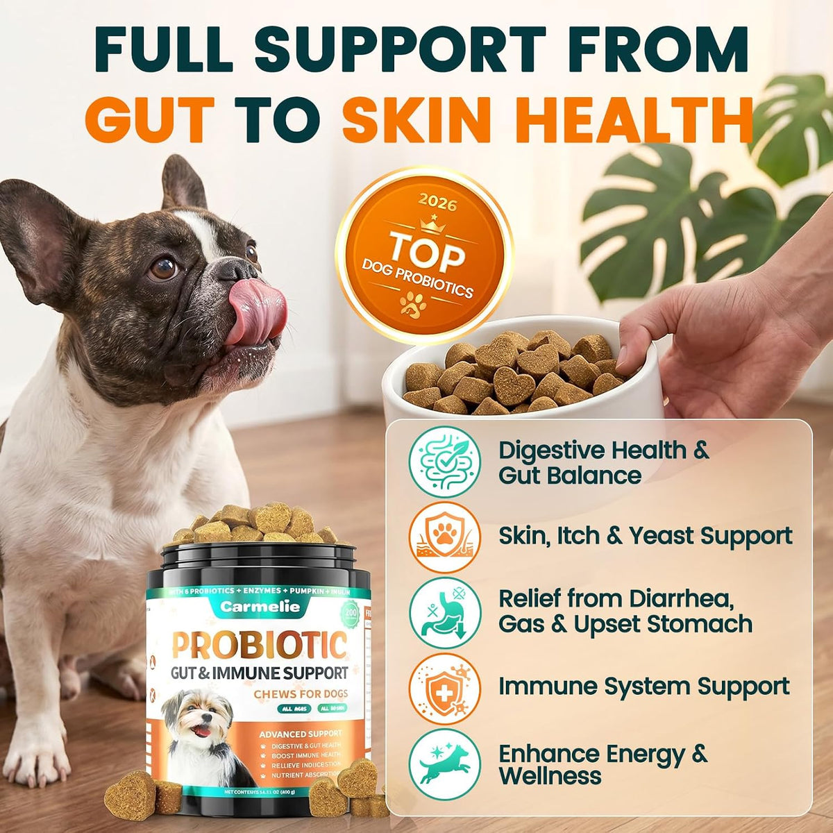 Carmelie dog probiotics container showing supplement facts for itchy skin and allergy relief.