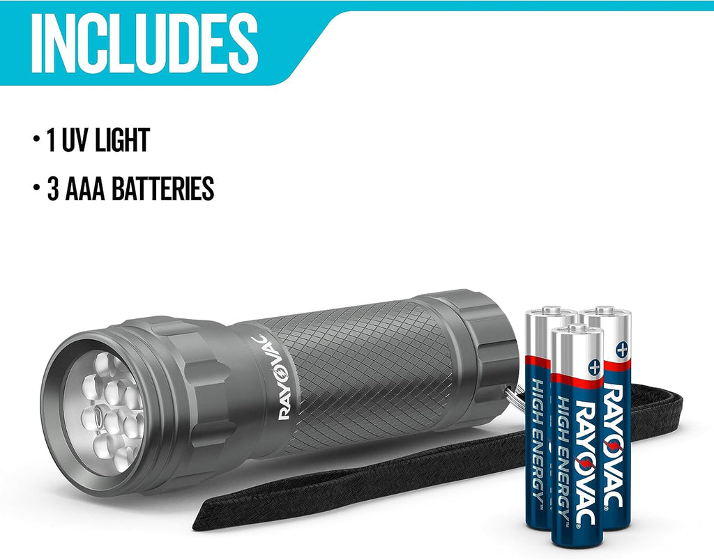 Rayovac durable aluminum body blacklight flashlight side angle view.