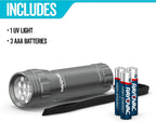 Rayovac durable aluminum body blacklight flashlight side angle view.