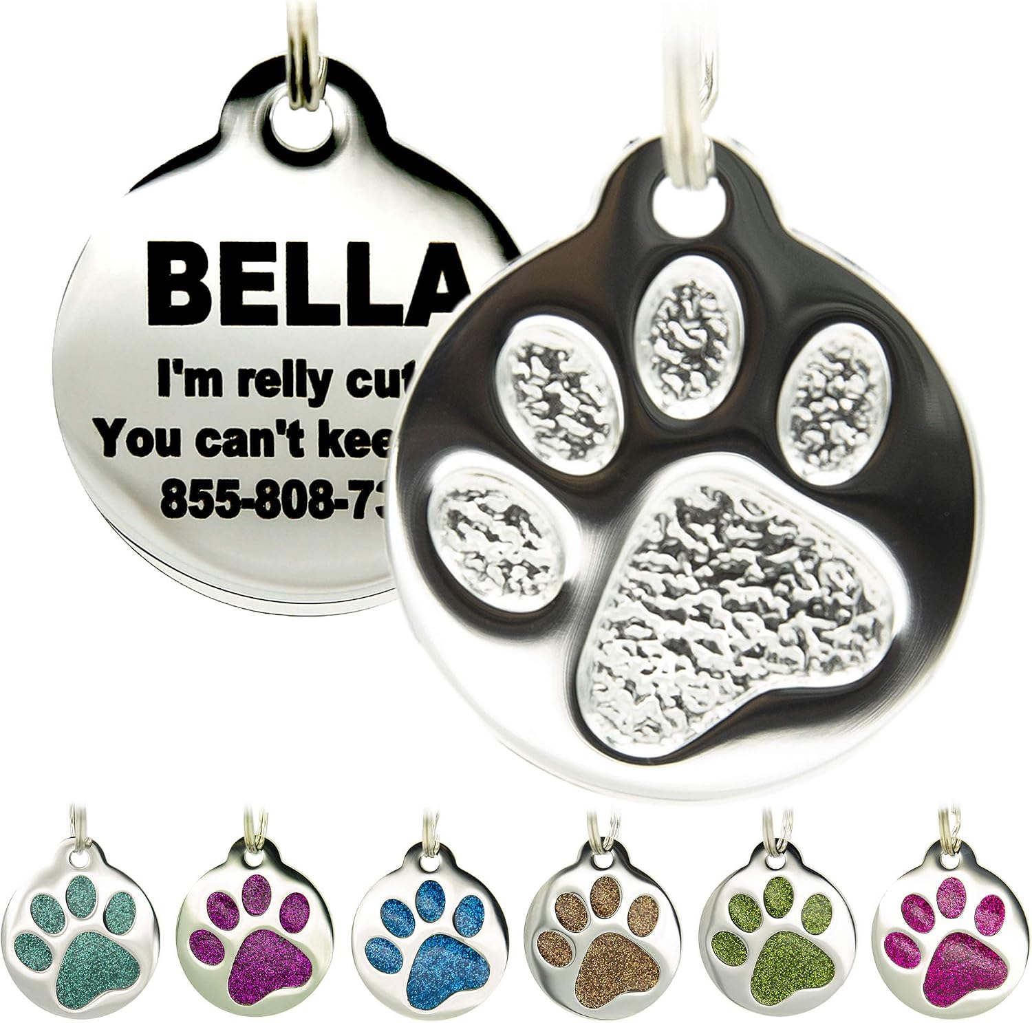 Engraved Pet Tag for Dogs & Cats - Personalized with 4 Lines of Custom Engraved ID, Round Paw Print Stainless Steel Enameled in 6 colors: Ocean Blue, Aquamarine, Deep Pink, Magenta, Pale Green, Amber - Image 9