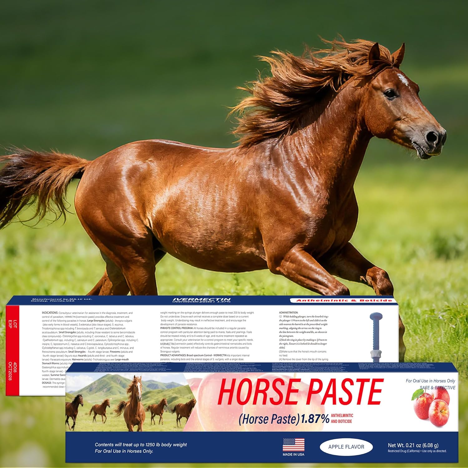 Side profile of single equine dewormer syringe with branding