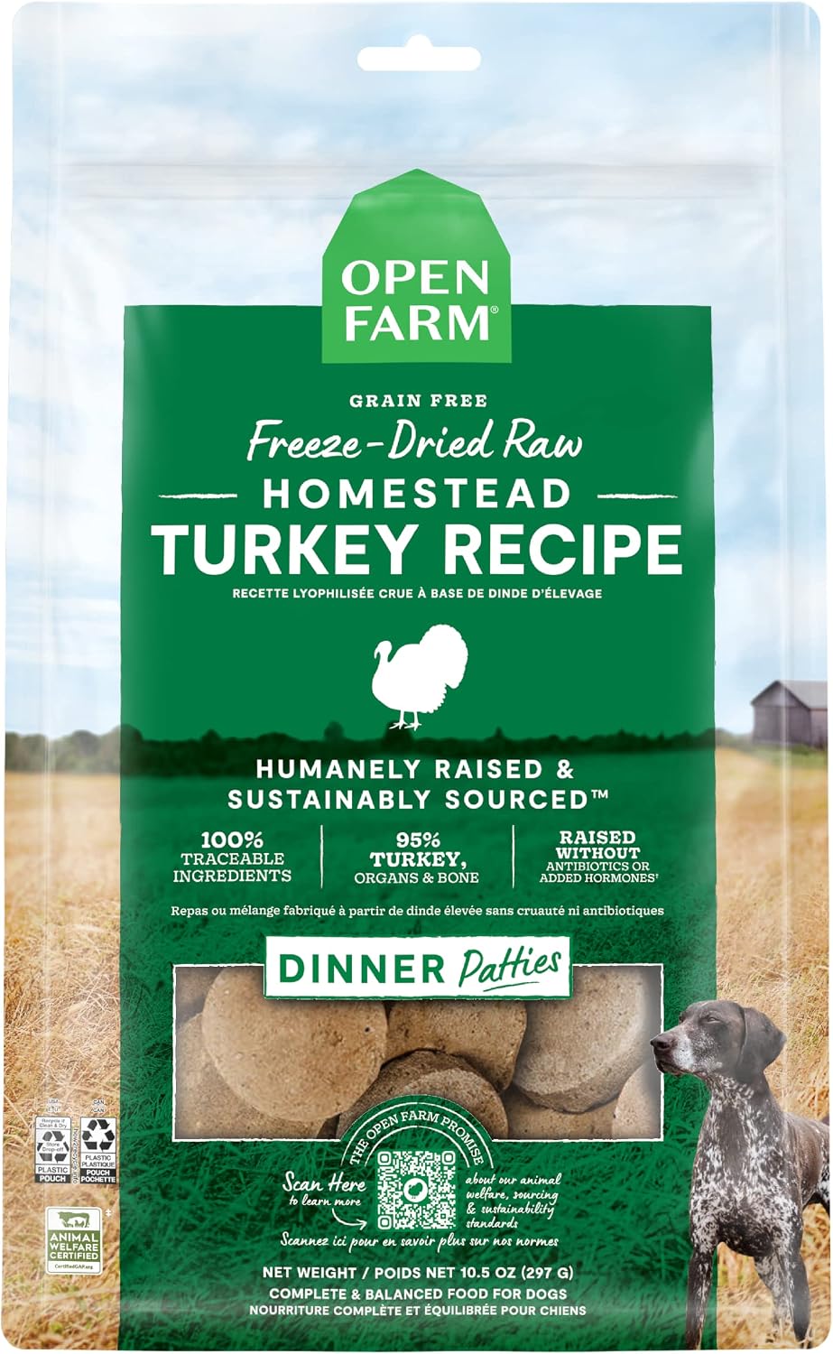 Open Farm premium raw pet food nutrition facts and feeding instructions panel