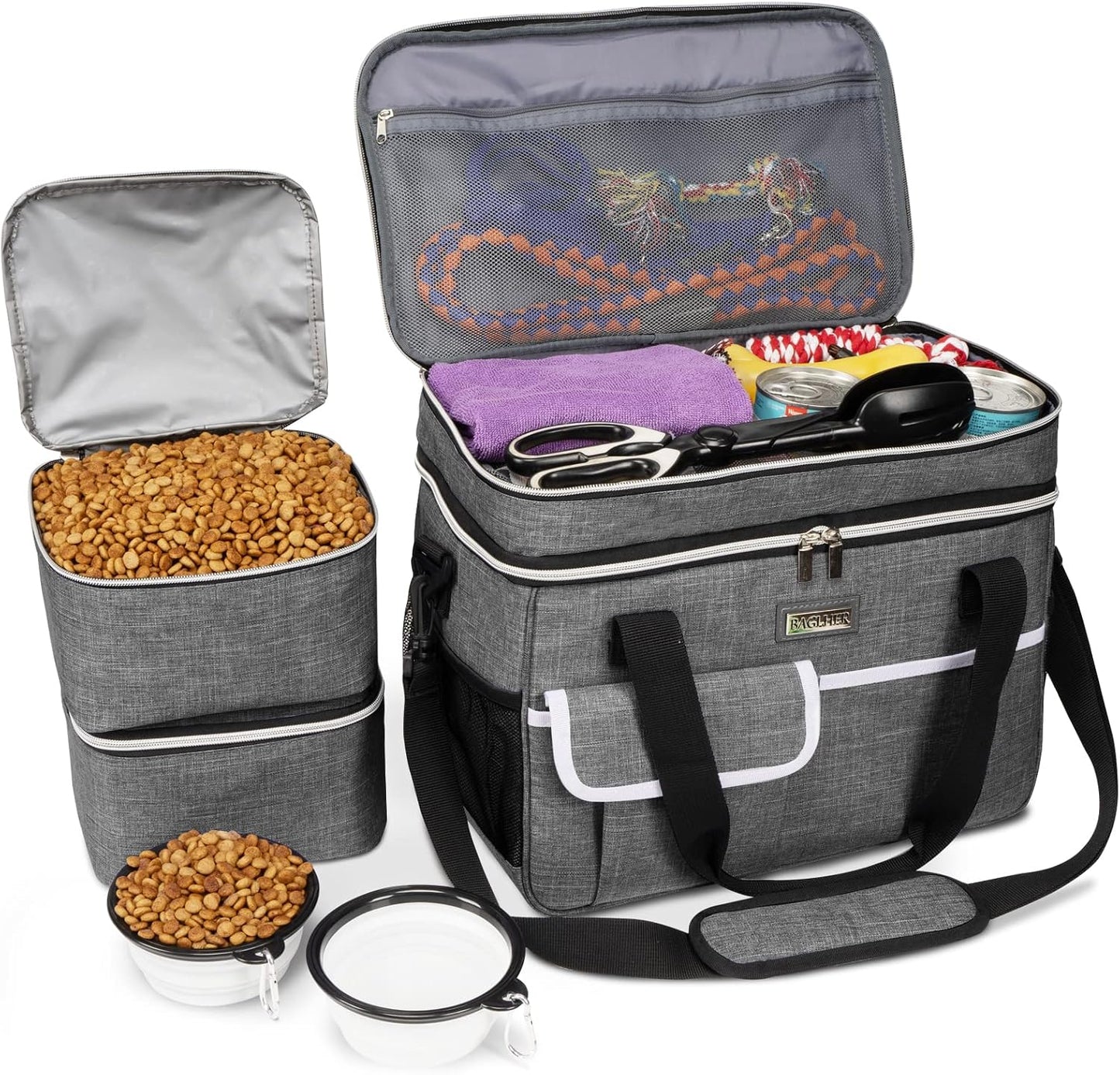BAGLHER Dog Travel Bag for Supplies - Double-Layer Airline Approved Weekend Pet Travel Organizer Set for Dog and Cat Tote with 2 Pet Food Containers and 2 Collapsible Silicone Bowls Green - Image 9