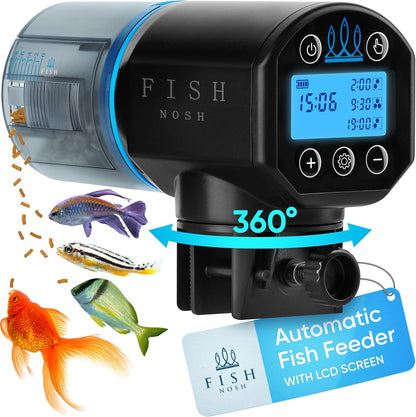 FISHNOSH automatic fish feeder front view showcasing the digital LCD screen and blue housing