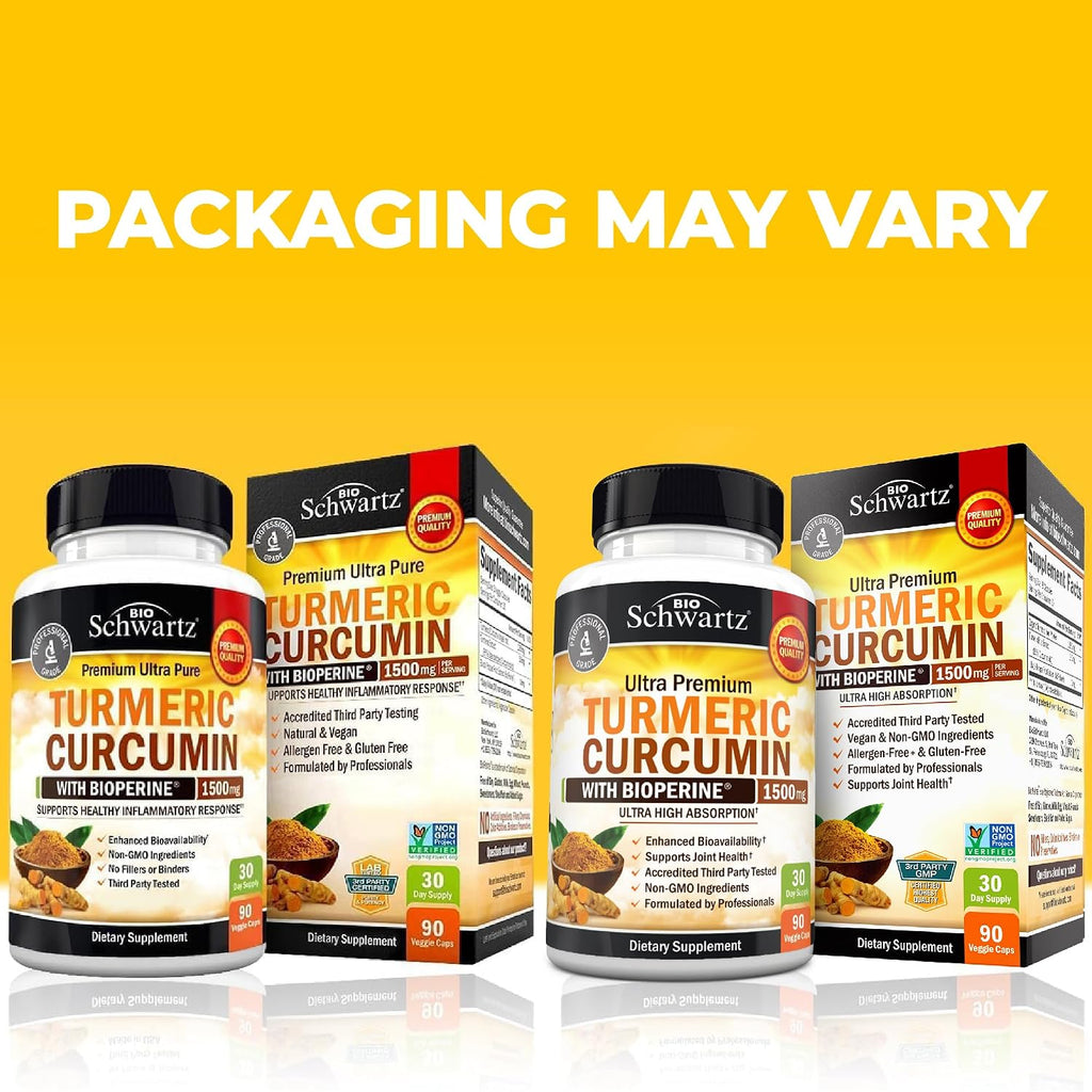 Back label of BioSchwartz turmeric capsules showing nutritional facts