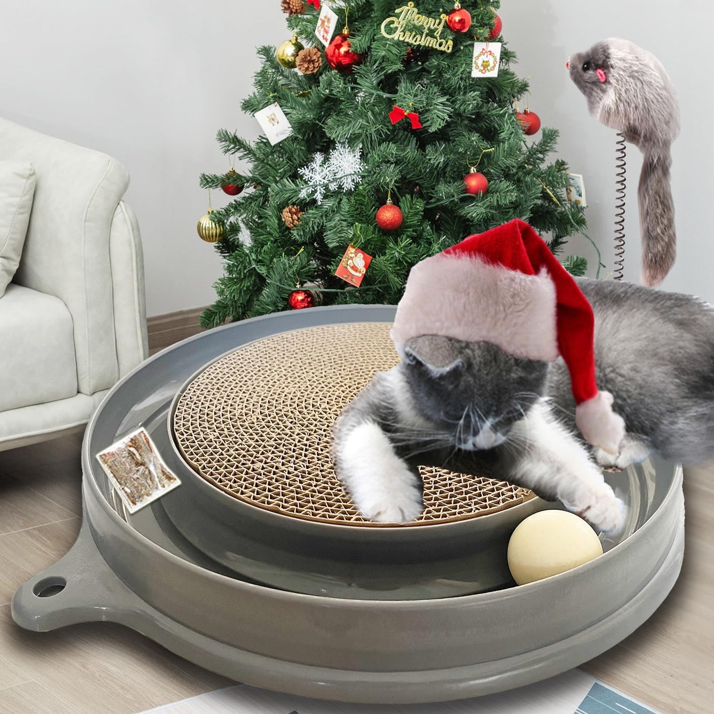 AUOON cat scratcher toy base showing the spring mounted plush mouse swatter accessory.