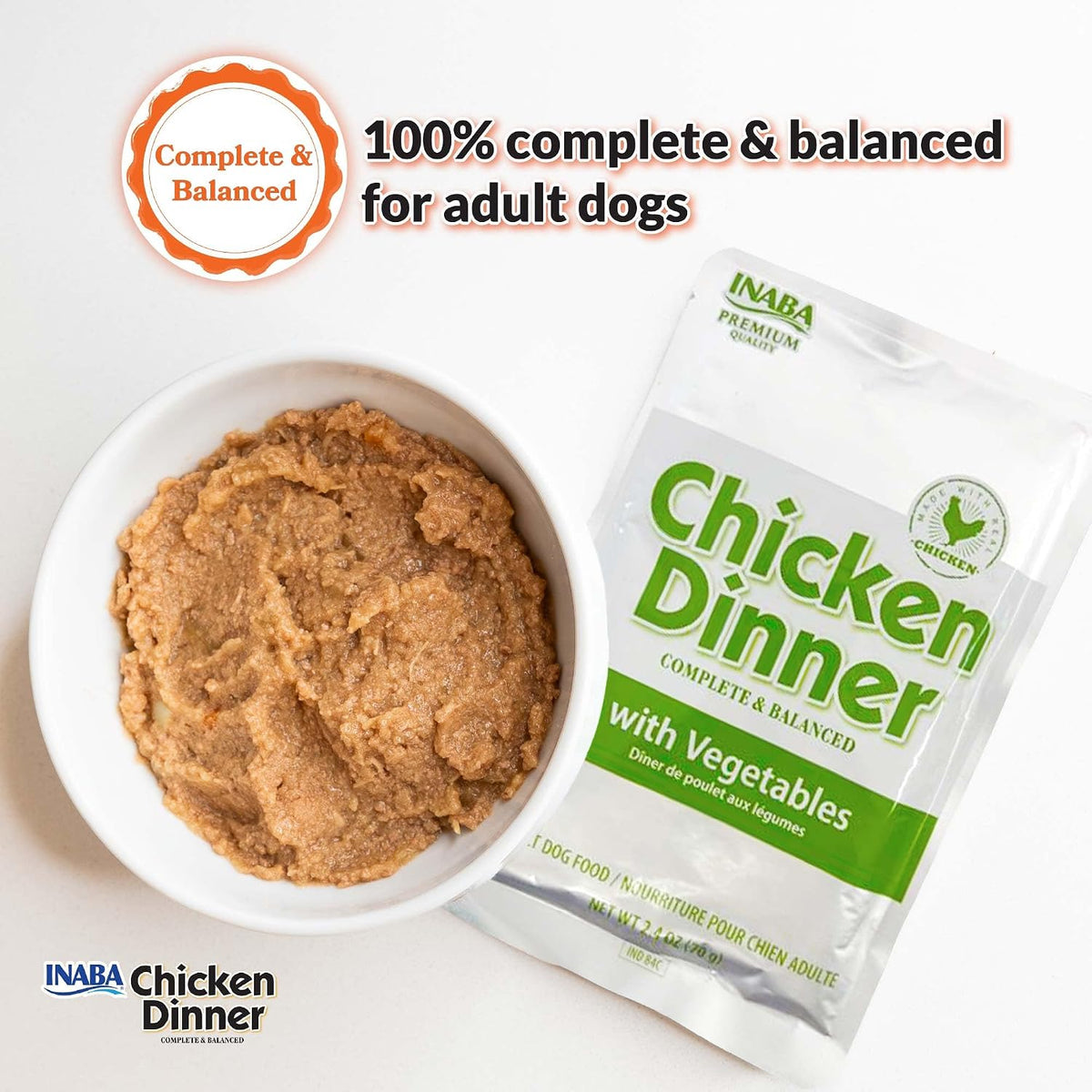 INABA soft pate wet dog food 2.4 ounce individual pouch displaying complete and balanced meal details.